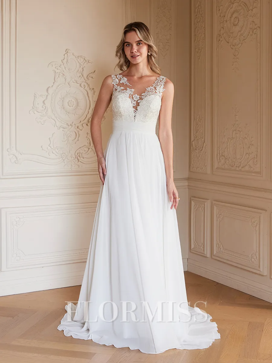 A-Line/Princess Chiffon Lace Scoop Sleeveless Sweep/Brush Train Wedding Dresses