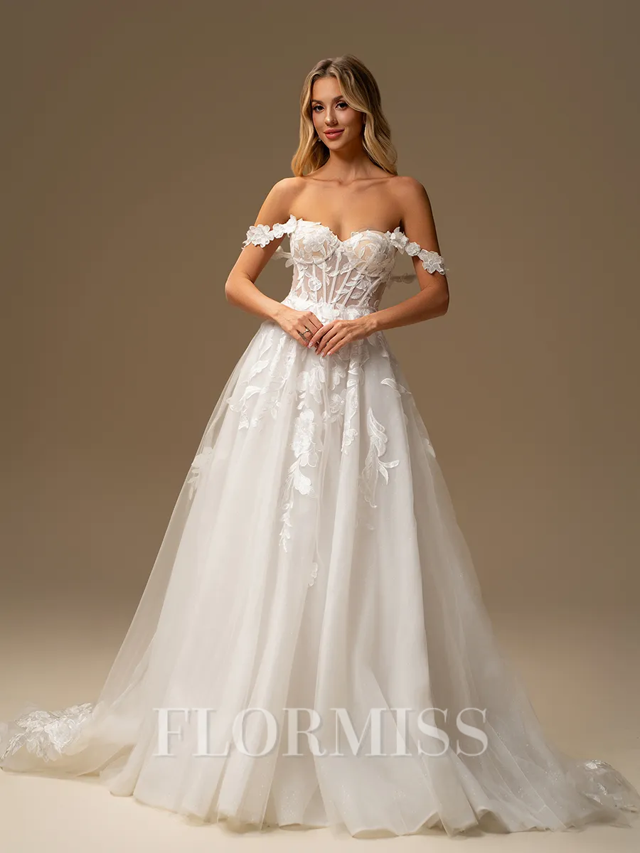 A-line Sweetheart Appliques Lace Chapel Train Tulle Corset Wedding Dress