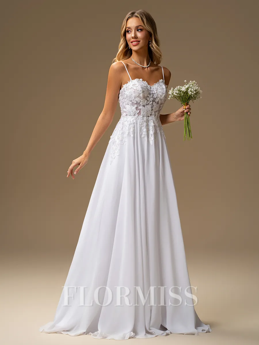 A-line Spaghetti Straps Appliques Lace Sweep Train Chiffon Corset Wedding Dress