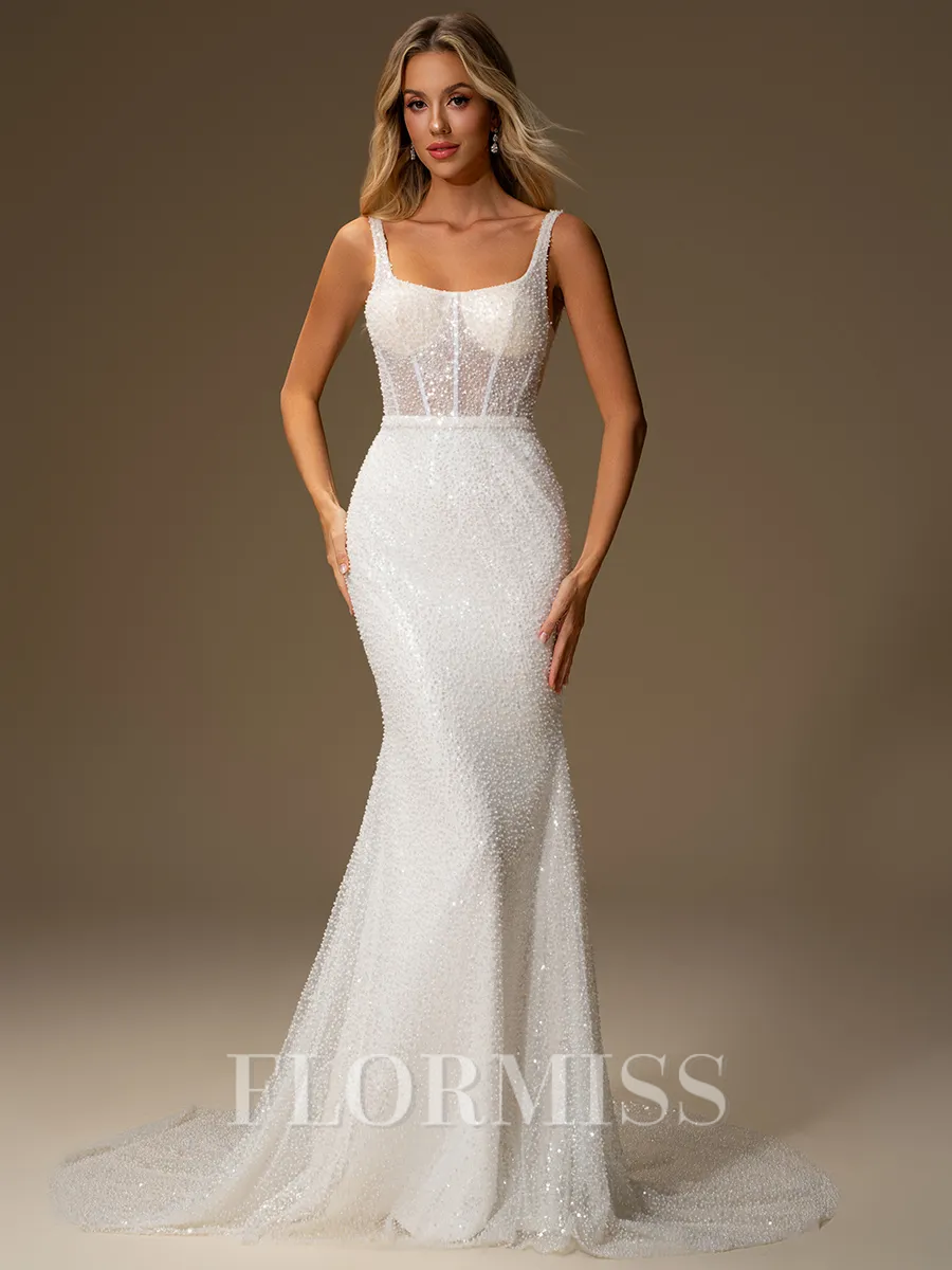 Sheath Square Chapel Train Corset Wedding Dress