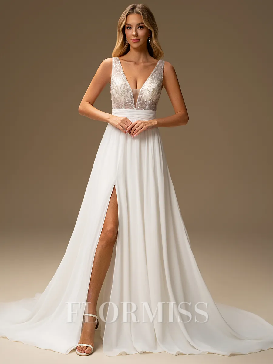 A-line V-neck Sequin Court Train 30D Chiffon Wedding Dress