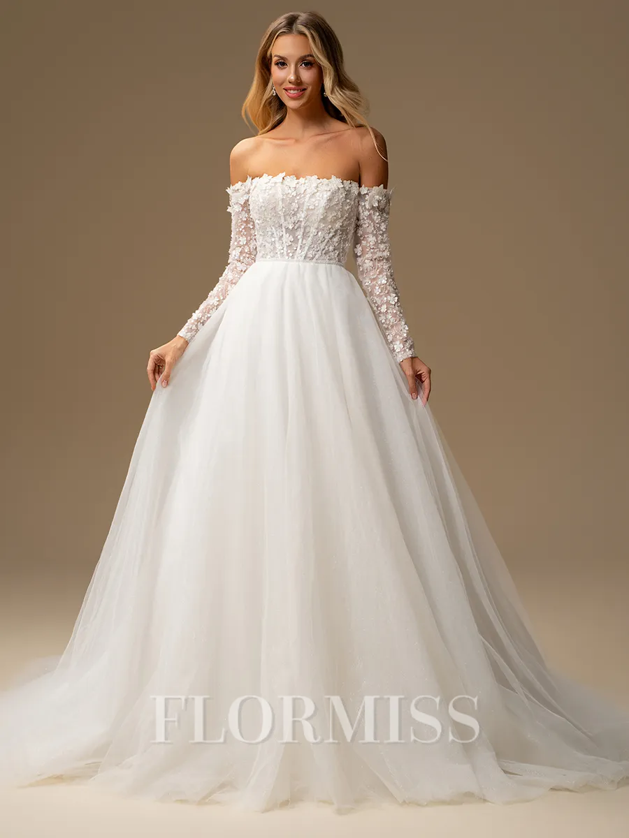 A-line Off-the-Shoulder Long Sleeves Appliques Lace Chapel Train Tulle Corset Wedding Dress