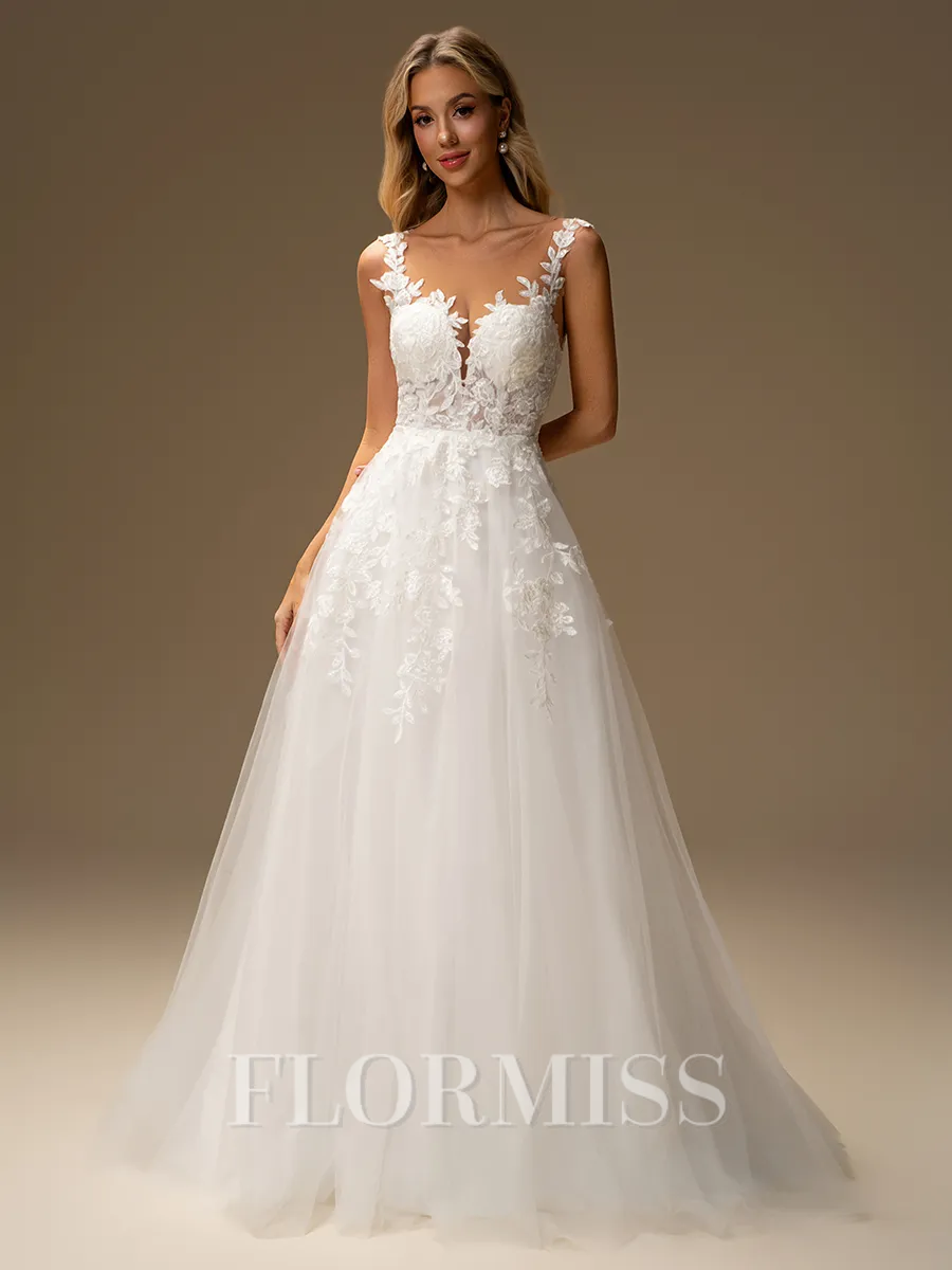 A-line Scoop Appliques Lace Sweep Train Tulle Wedding Dress