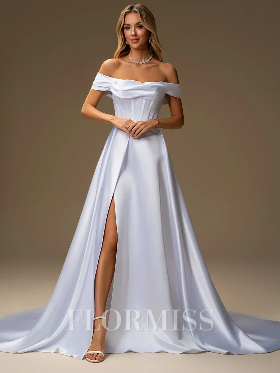 A-line Off-the-Shoulder Pleated Chapel Train Satin Corset Wedding Dress