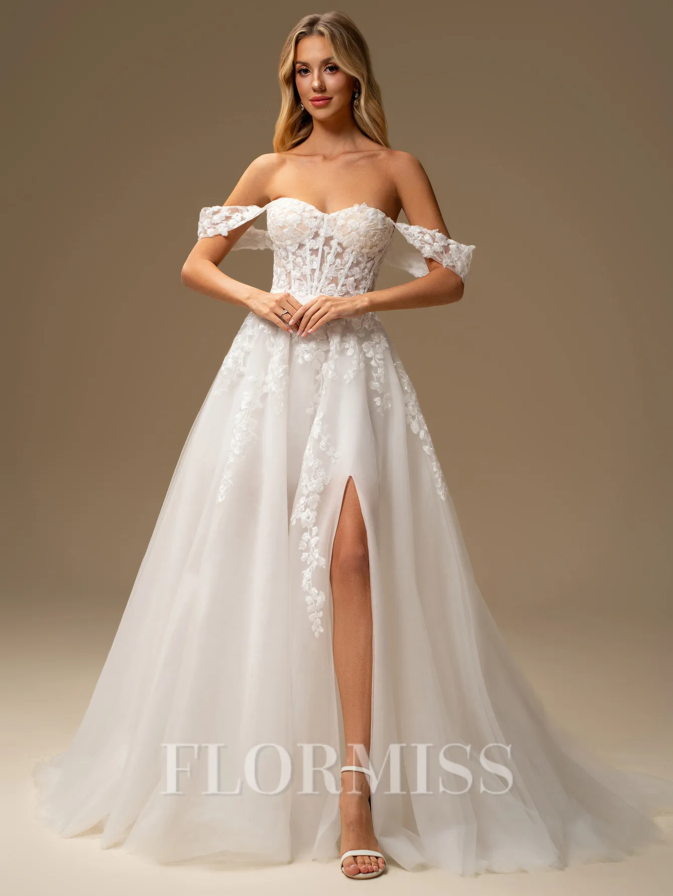 A-line Off-the-Shoulder Appliques Lace Court Train Tulle Corset Wedding Dress