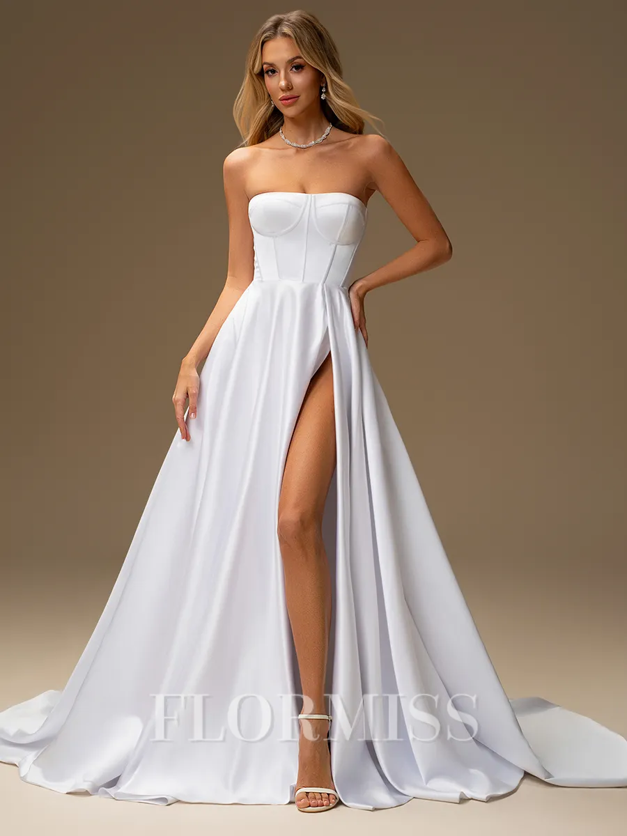 A-line Straight Chapel Train Satin Corset Wedding Dress