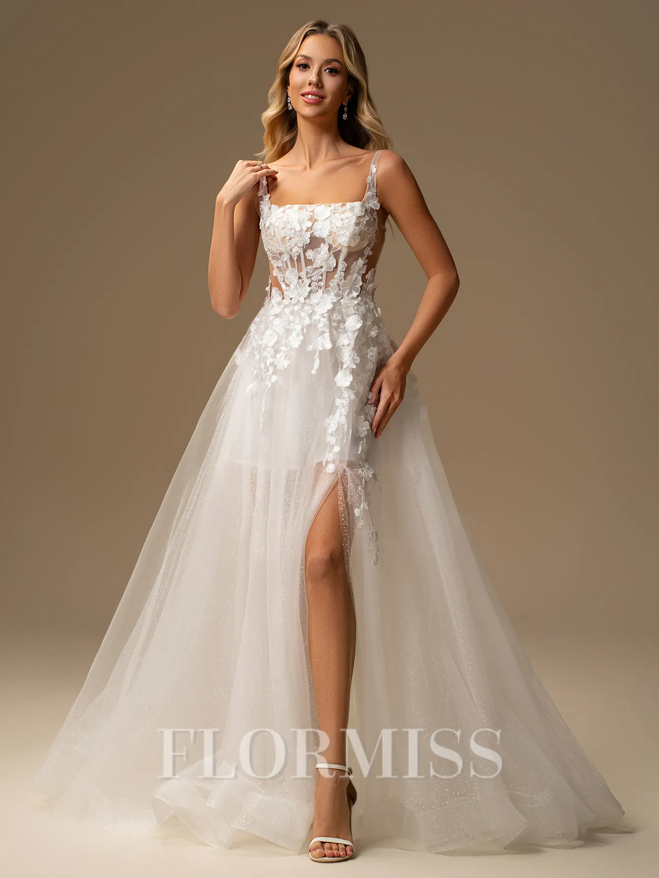 A-line Square Appliques Lace Court Train Tulle Corset Wedding Dress