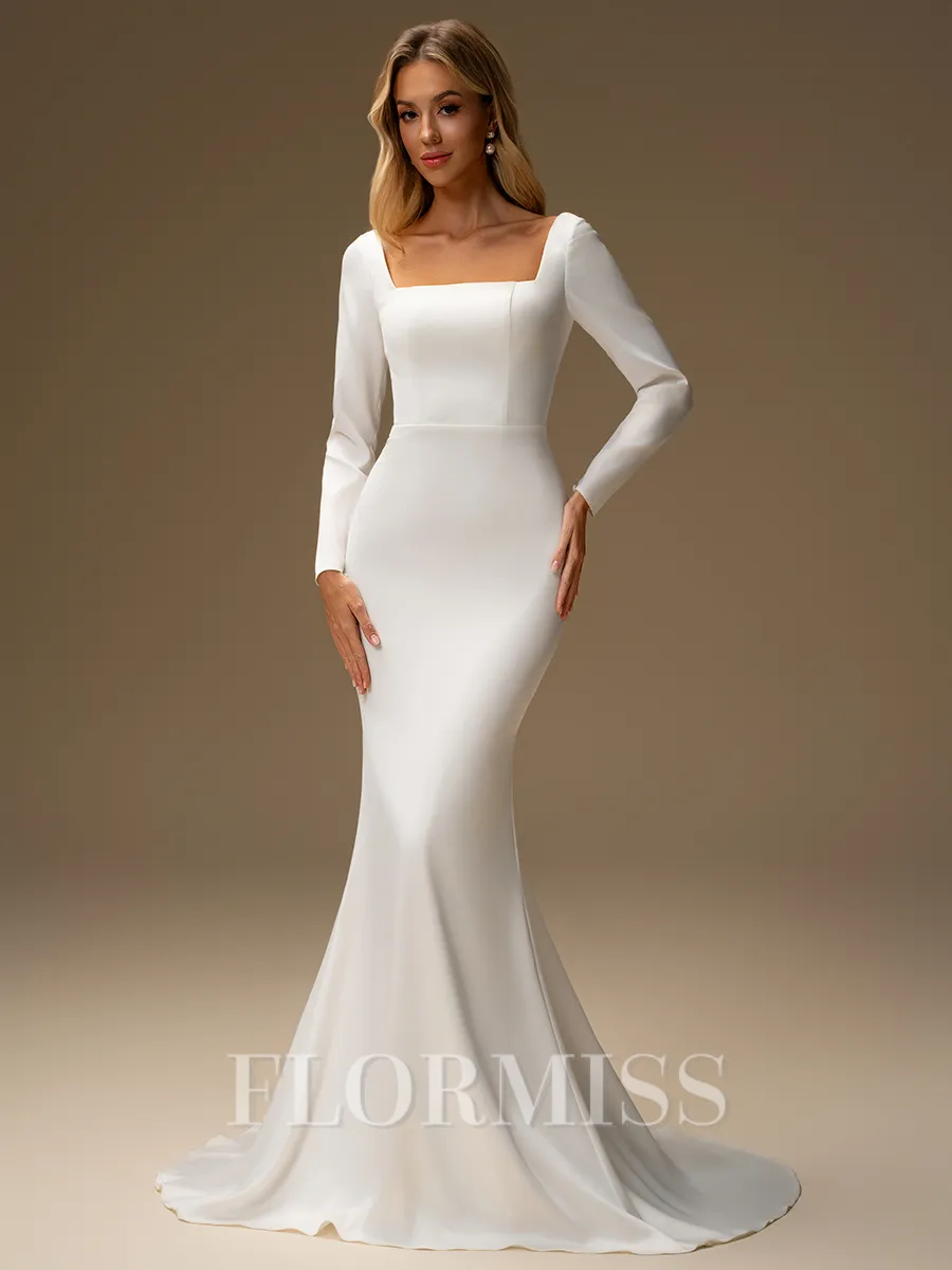 Sheath Square Long Sleeves Sweep Train Charmeuse Wedding Dress