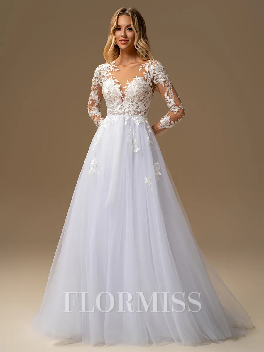 A-line Scoop Long Sleeves Appliques Lace Court Train Tulle Wedding Dress