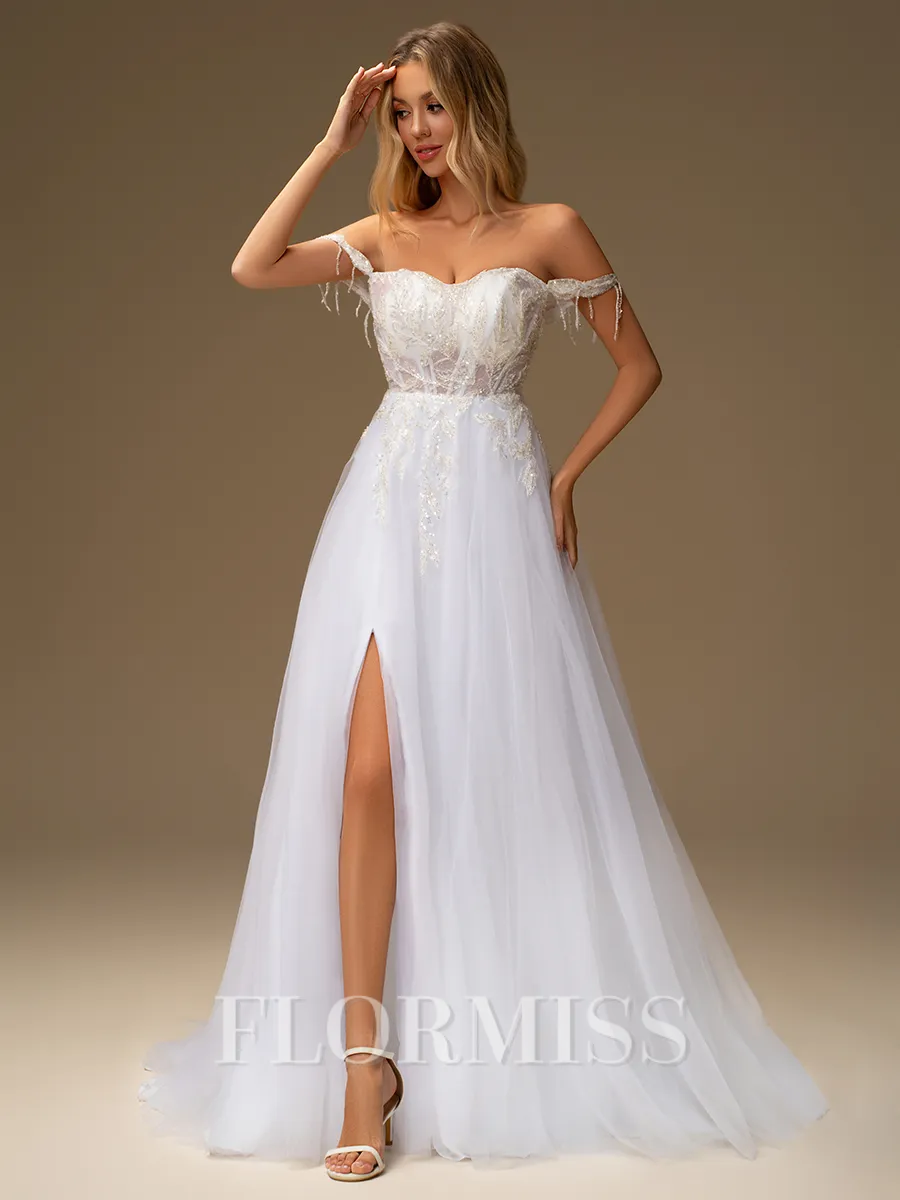 A-line Off-the-Shoulder Appliques Lace Court Train Tulle Corset Wedding Dress