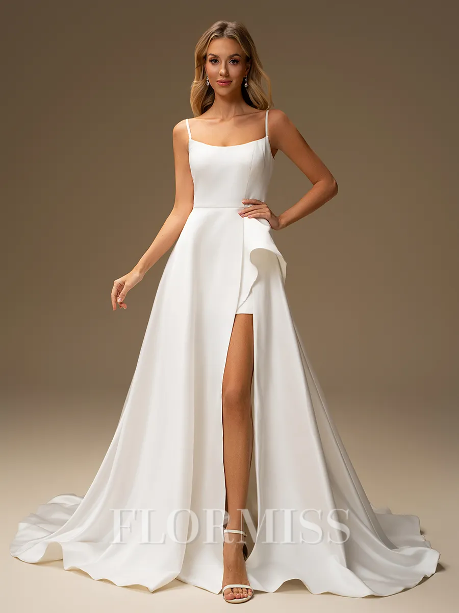 A-line Spaghetti Straps Chapel Train Satin Wedding Dress