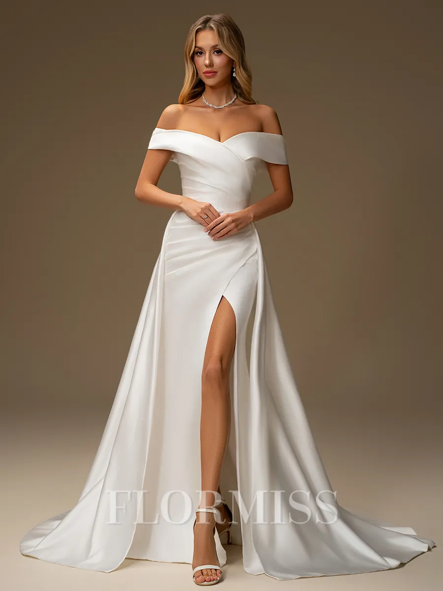 Sheath Off-the-Shoulder Pleated Chapel Train Satin Convertible Wedding Dress