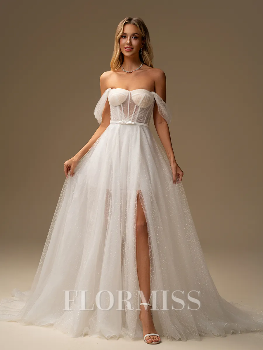 A-line Off-the-Shoulder Court Train Corset Wedding Dress