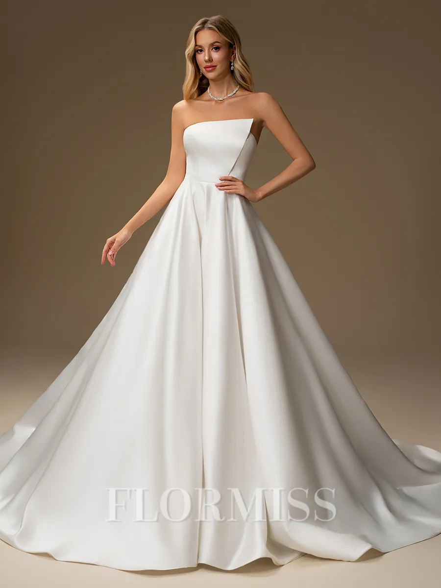 A-line Straight Chapel Train Satin Wedding Dress