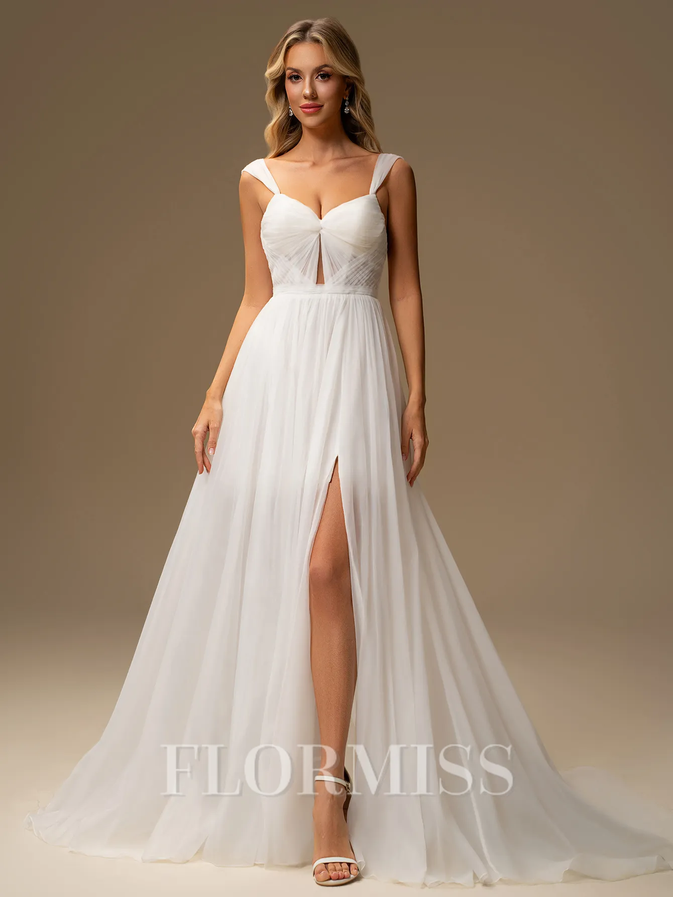 A-line Straps Pleated Court Train 30D Chiffon Wedding Dress