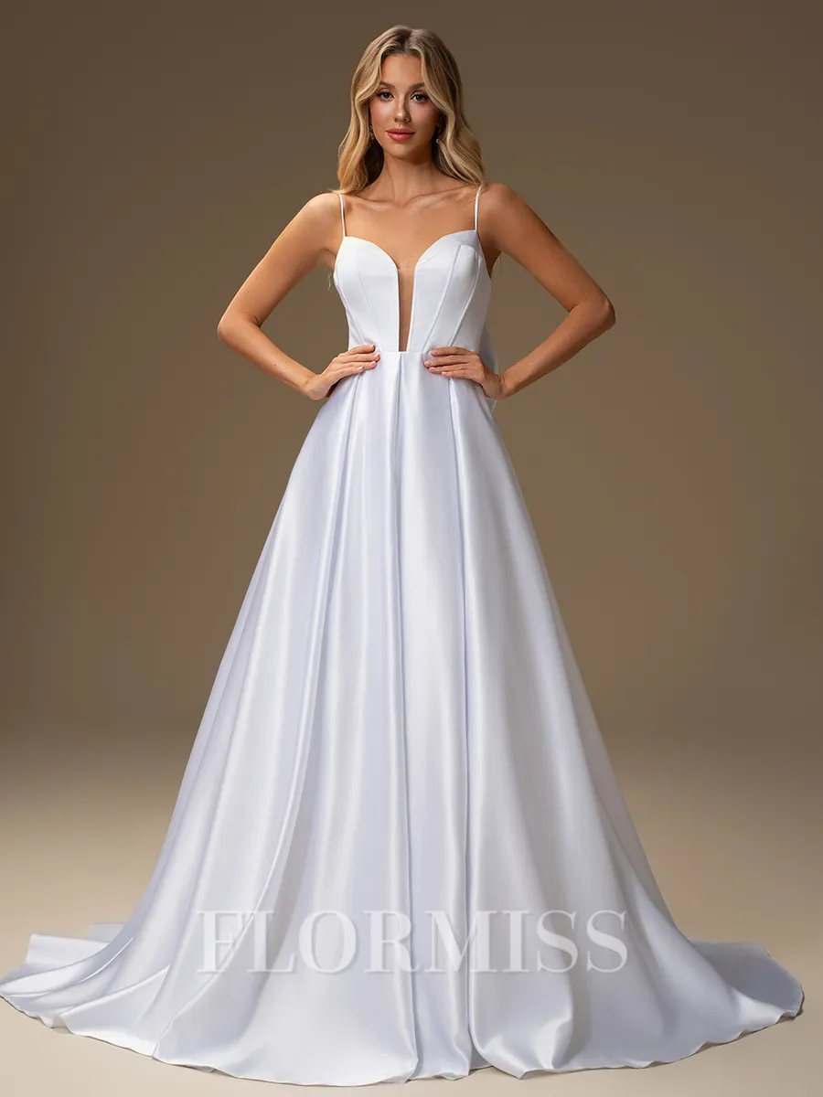 A-line Spaghetti Straps Bow Sweep Train Satin Corset Wedding Dress