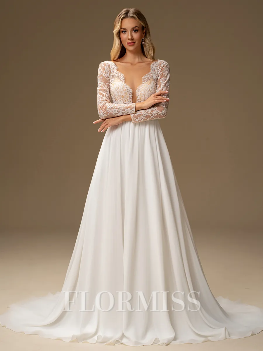 A-line Scoop Long Sleeves Appliques Lace Court Train Chiffon Wedding Dress