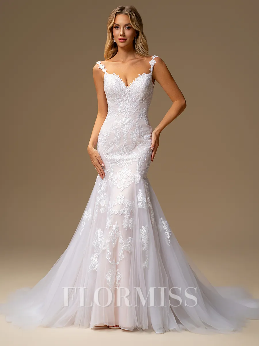 Mermaid V-neck Appliques Lace Chapel Train Tulle Wedding Dress