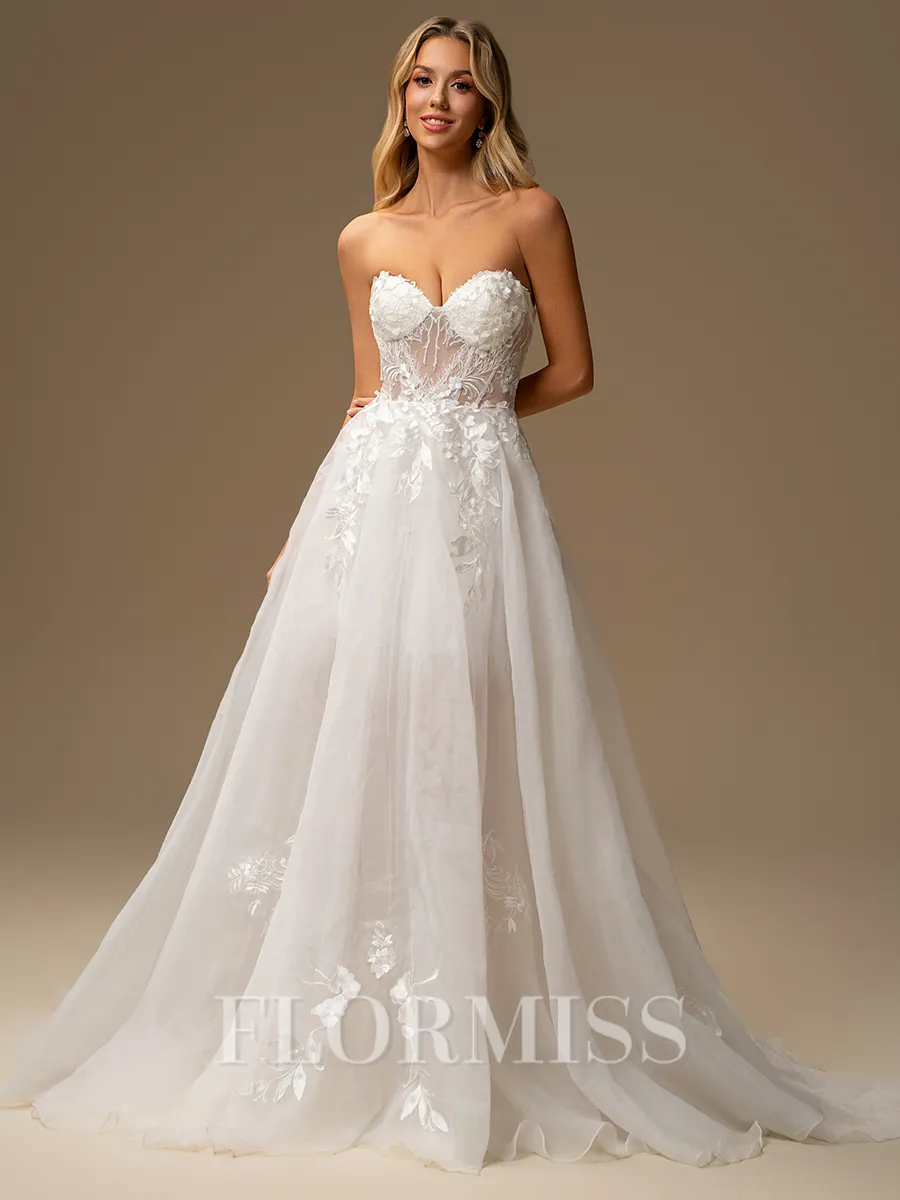 A-line Sweetheart Appliques Lace Sweep Train Tulle Wedding Dress