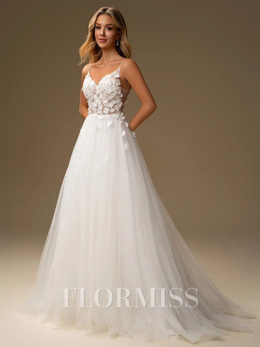 A-line V-neck Appliques Lace Sweep Train Tulle Wedding Dress
