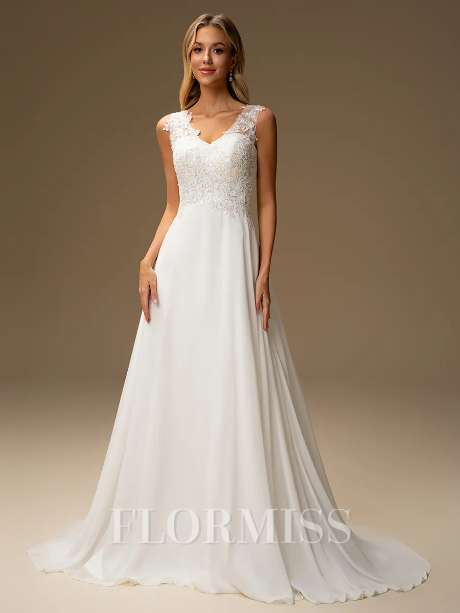 A-line V-neck Appliques Lace Sweep Train Chiffon Wedding Dress