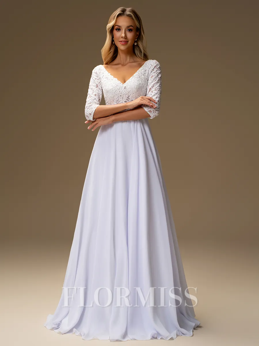 A-line V-neck 3/4 Sleeves Appliques Lace Floor-Length Chiffon Wedding Dress