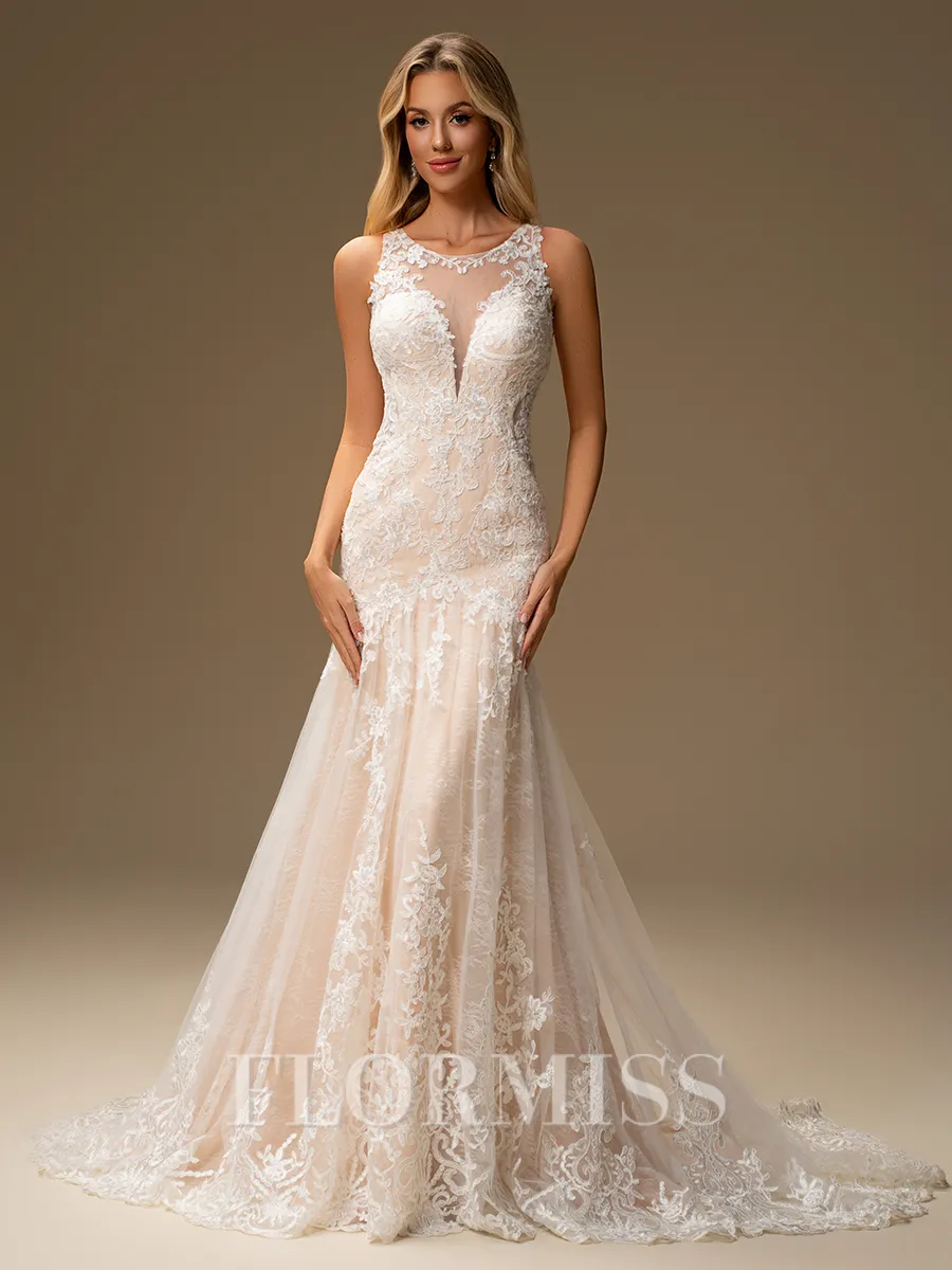 Sheath Scoop Appliques Lace Court Train Tulle Wedding Dress
