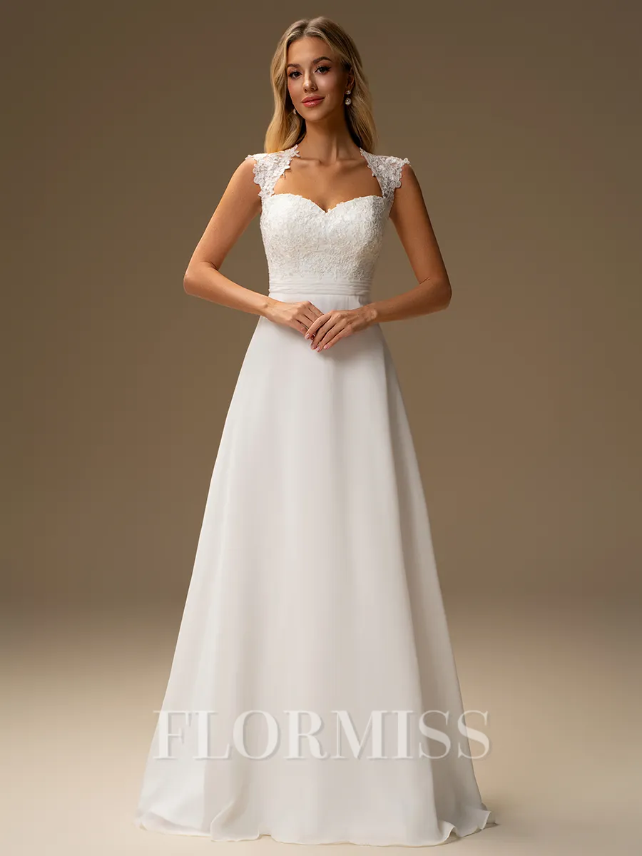 A-line Sweetheart Appliques Lace Floor-Length Chiffon Wedding Dress