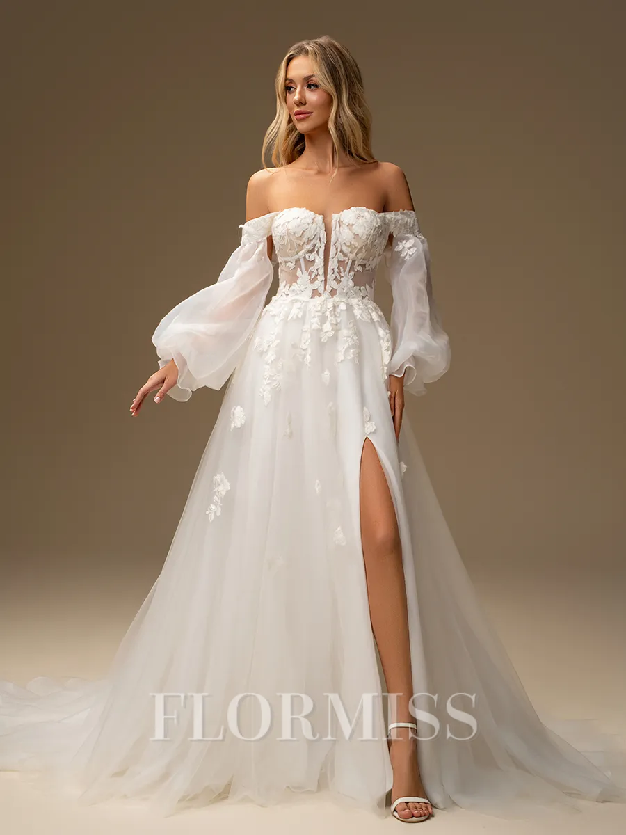 A-line Sweetheart Long Sleeves Appliques Lace Chapel Train Tulle Corset Wedding Dress