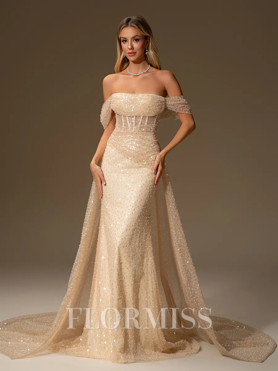 Sheath Off-the-Shoulder Pleated Cathedral Train Corset Convertible Wedding Dress