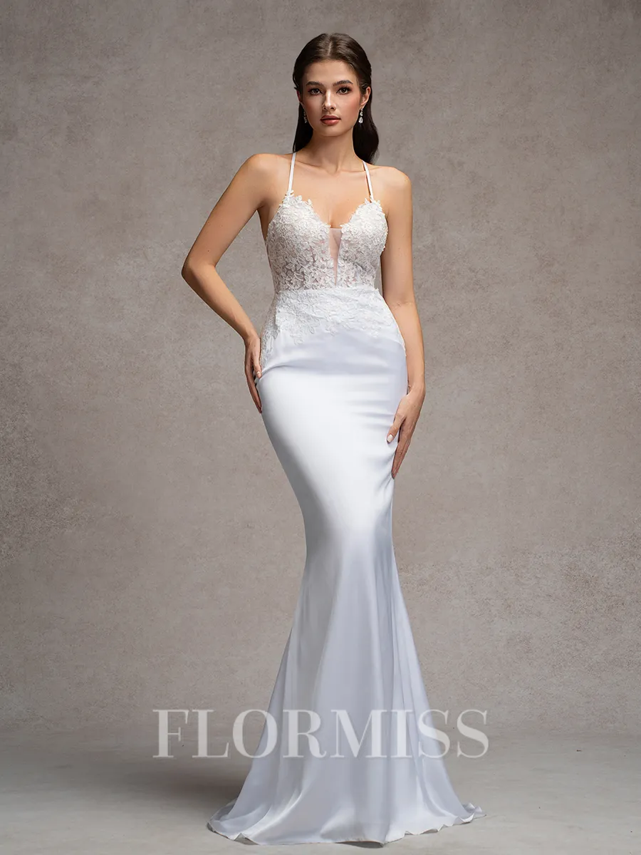 Sheath V-neck Appliques Lace Sweep Train Satin Chiffon Wedding Dress