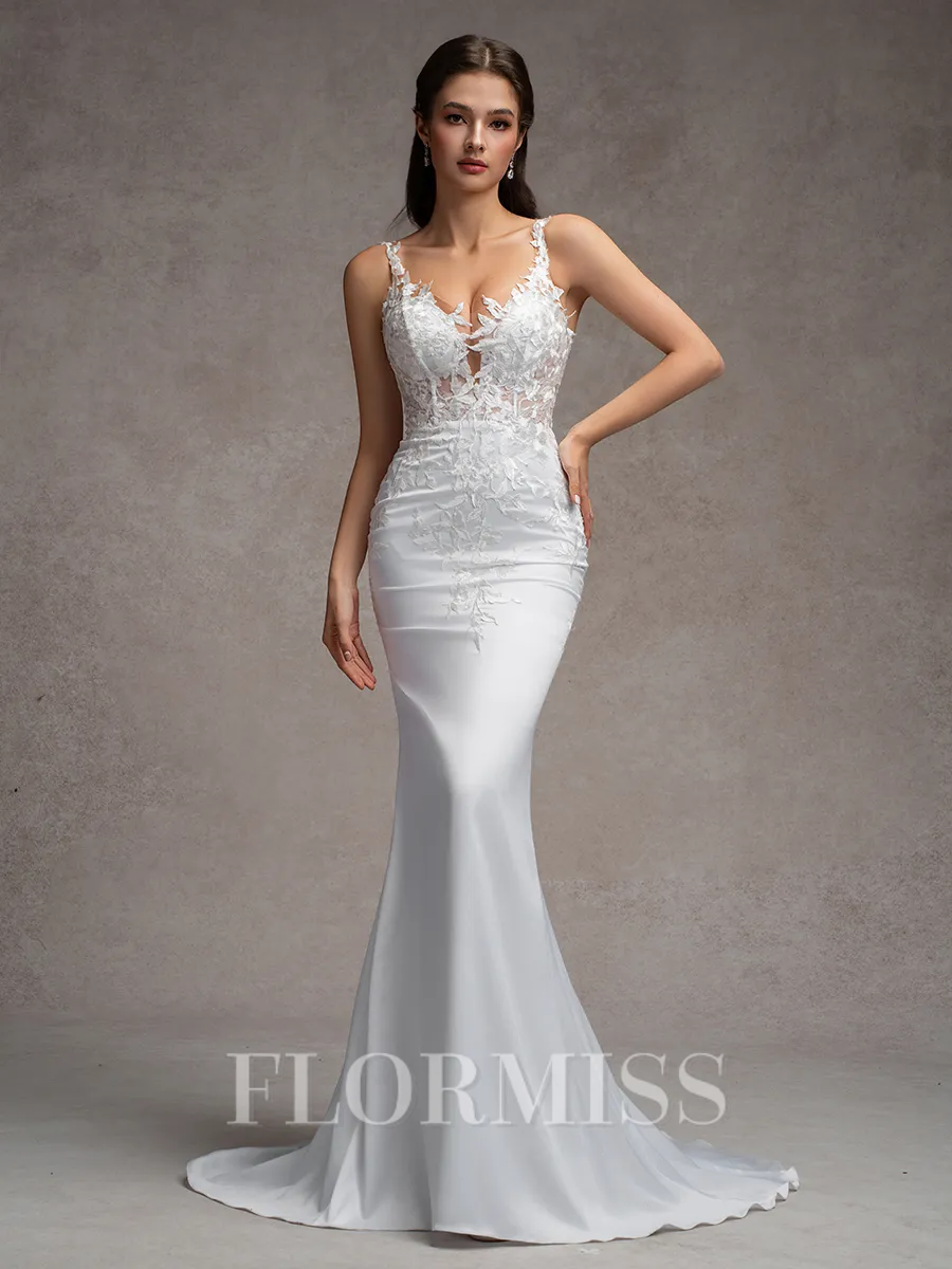 Sheath V-neck Appliques Lace Sweep Train Charmeuse Wedding Dress