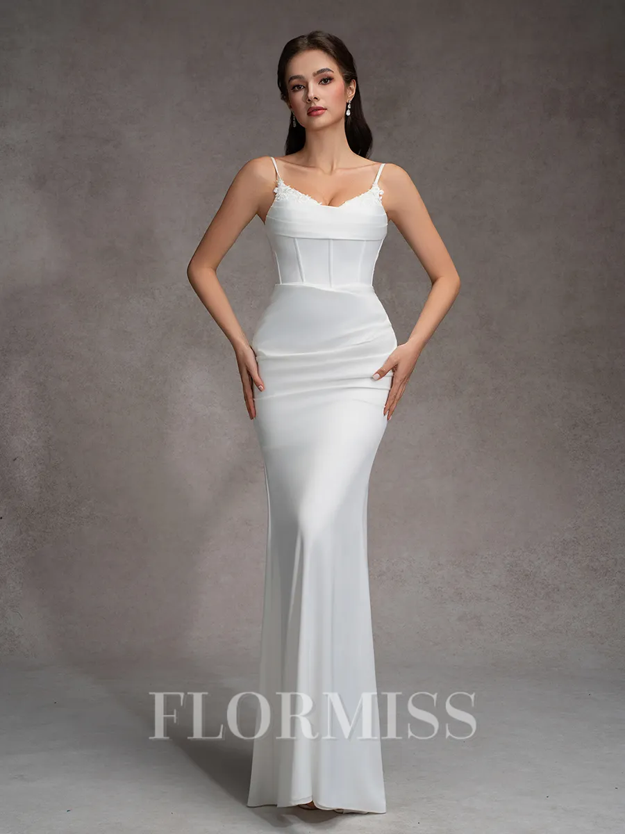 Sheath Spaghetti Straps Pleated Court Train Charmeuse Corset Wedding Dress