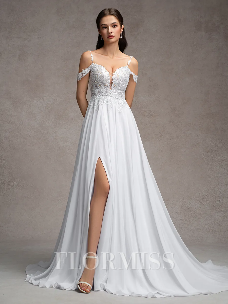 A-line Cold Shoulder Appliques Lace Sweep Train Charmeuse Wedding Dress