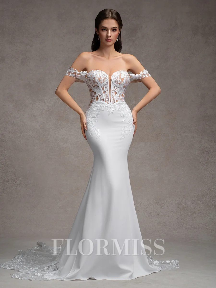 Sheath Off-the-Shoulder Appliques Lace Cathedral Train Stretch Crepe Corset Wedding Dress