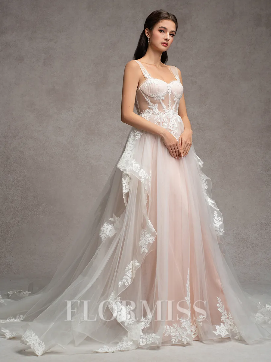 A-line Straps Appliques Lace Chapel Train Tulle Corset Wedding Dress