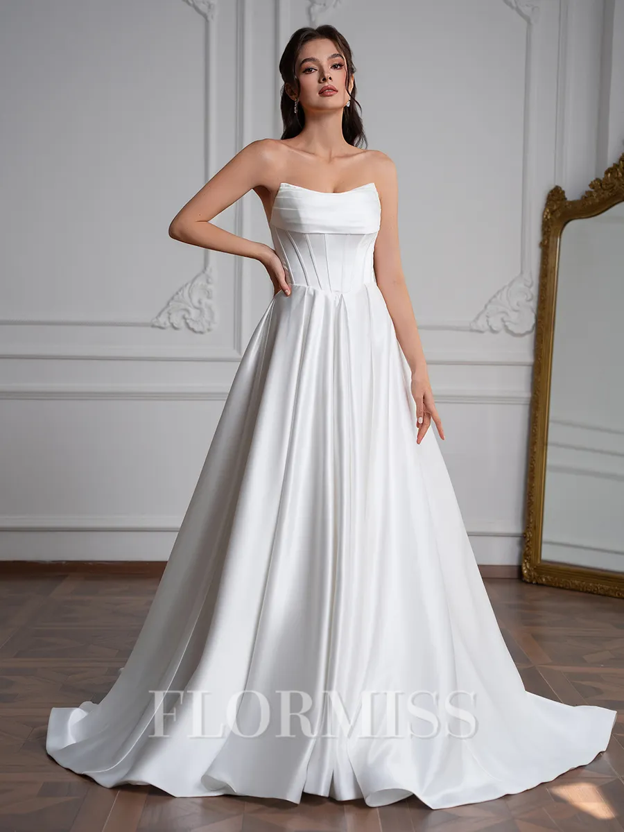 A-line Straight Pleated Sweep Train Satin Corset Wedding Dress