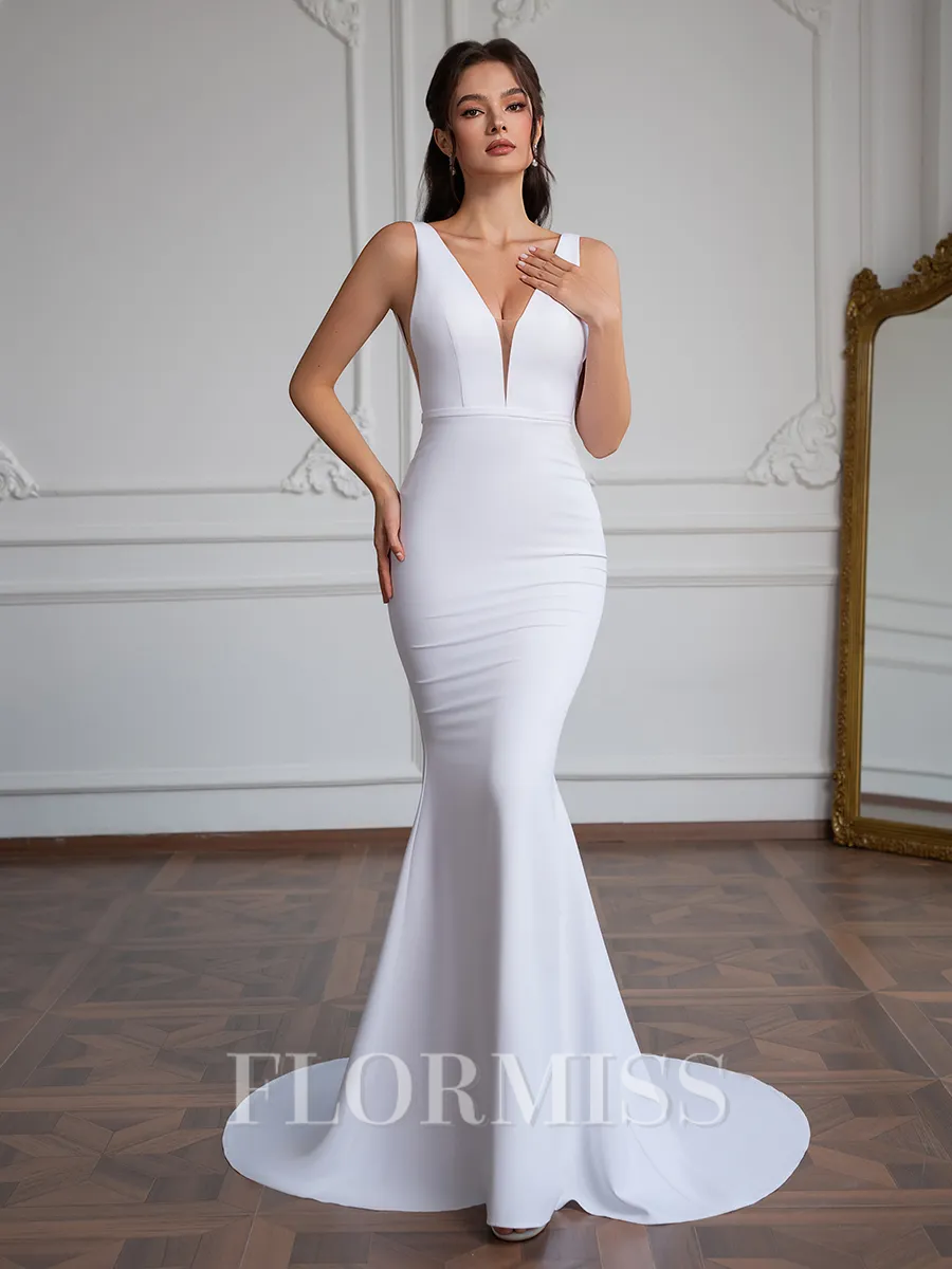 Sheath V-neck Court Train Stretch Crepe Wedding Dress