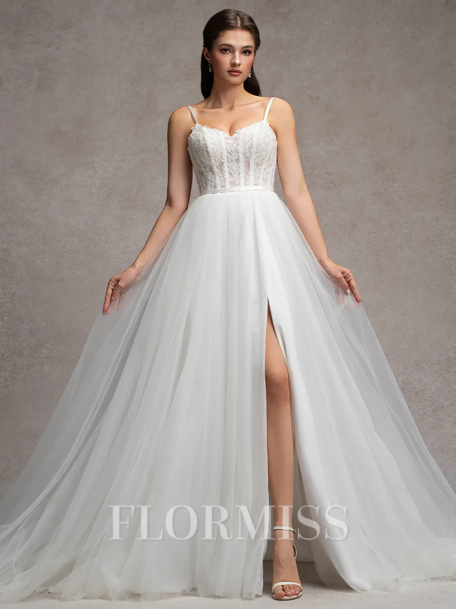 A-line Spaghetti Straps Appliques Lace Chapel Train Tulle Corset Wedding Dress