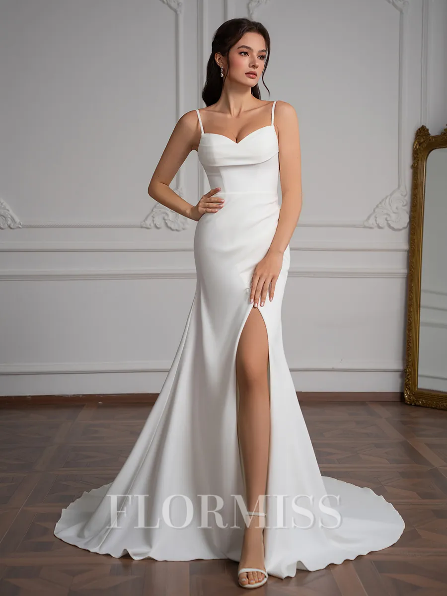 Sheath Spaghetti Straps Pleated Court Train Stretch Crepe Wedding Dress
