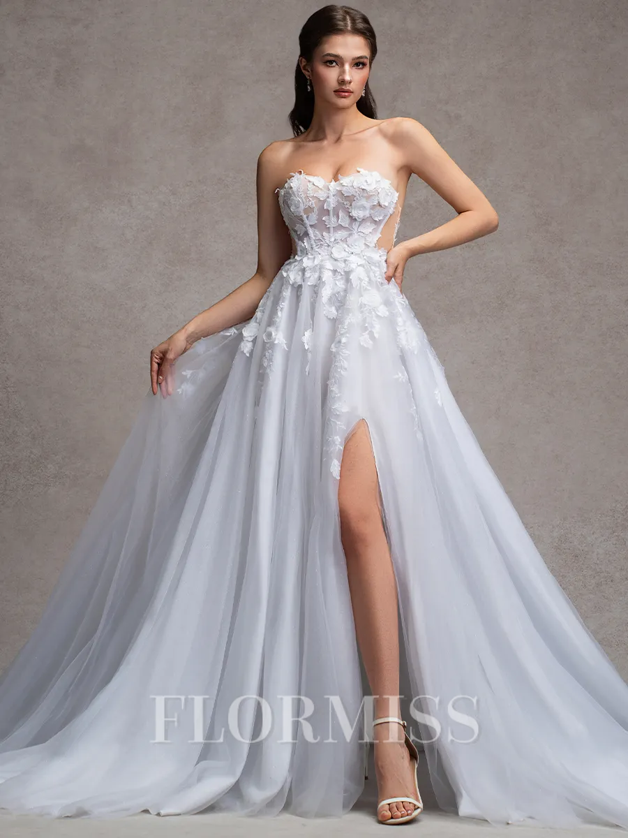 A-line Sweetheart Appliques Lace Cathedral Train Tulle Corset Wedding Dress