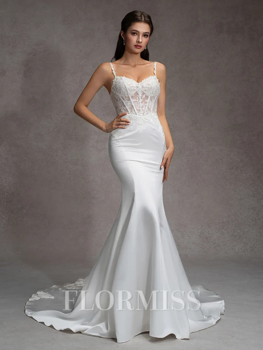 Mermaid Spaghetti Straps Appliques Lace Chapel Train Satin Corset Wedding Dress