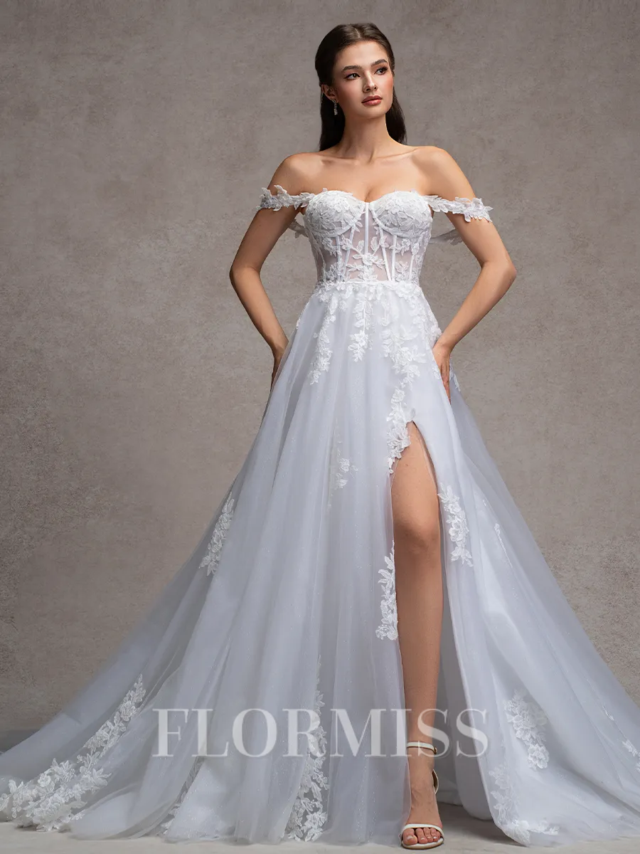 A-line Off-the-Shoulder Appliques Lace Cathedral Train Tulle Corset Wedding Dress