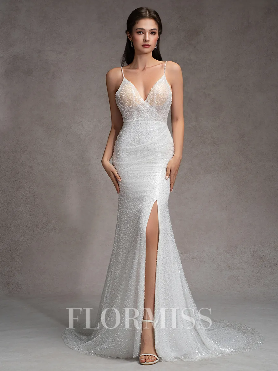 Sheath V-neck Beading Court Train Wedding Dress