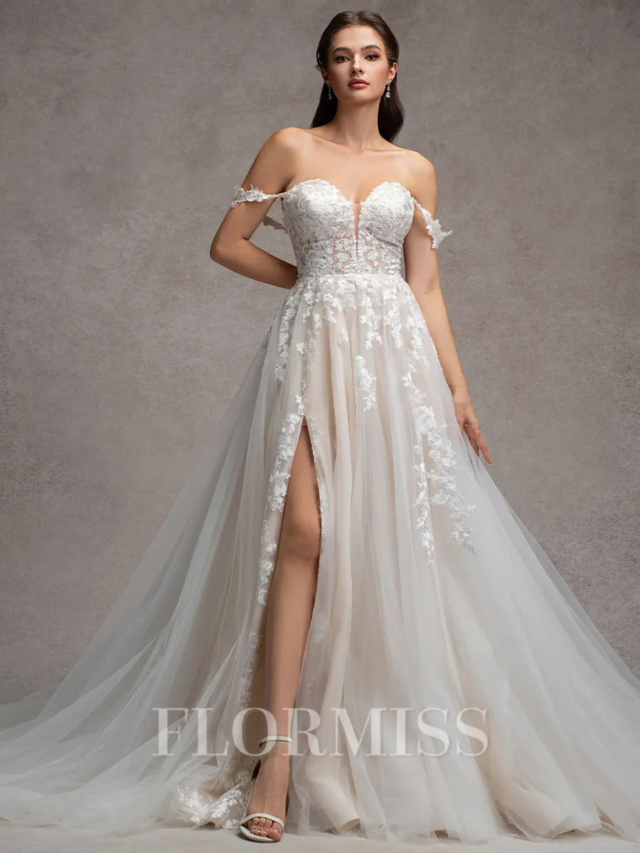 A-line Off-the-Shoulder Appliques Lace Chapel Train Tulle Wedding Dress