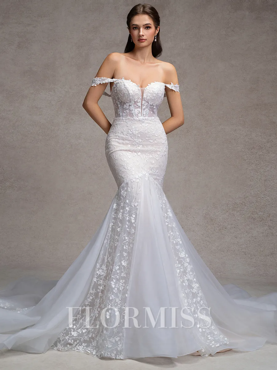 Mermaid Off-the-Shoulder Appliques Lace Cathedral Train Tulle Corset Wedding Dress