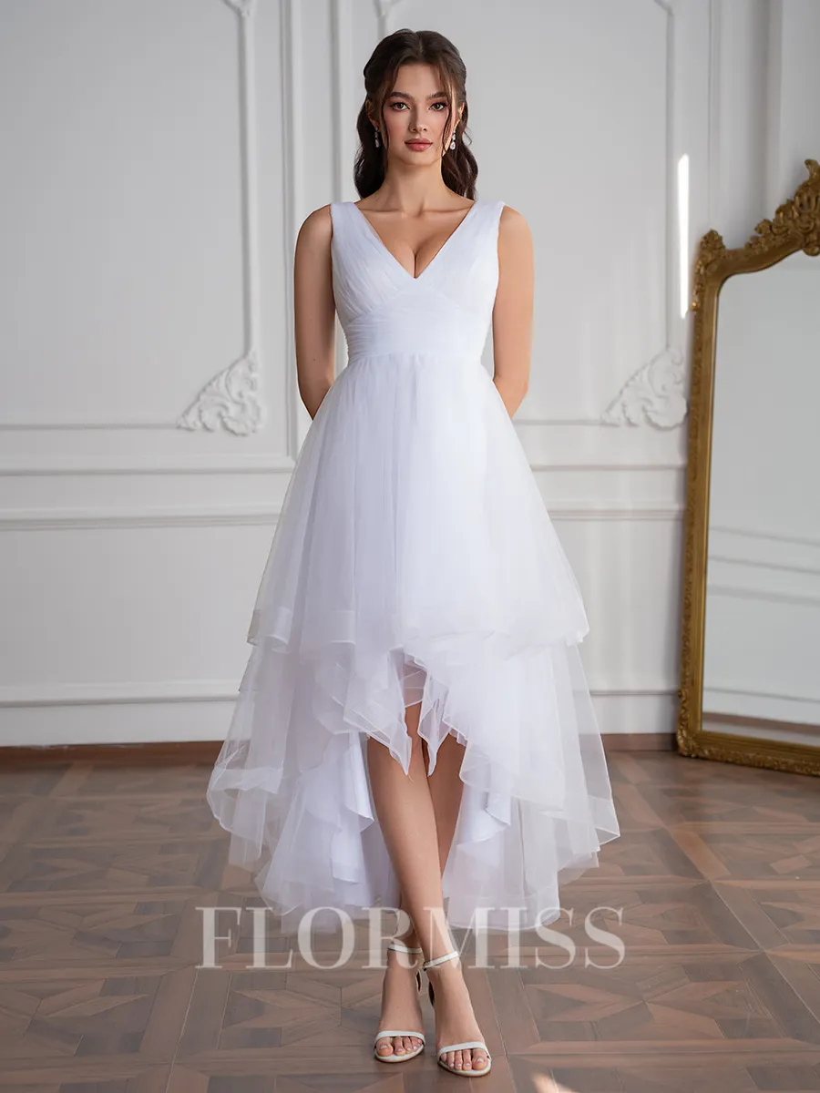 A-line V-neck Pleated Asymmetrical Tulle Wedding Dress