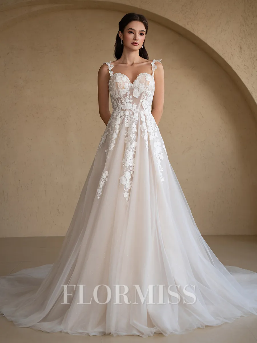 A-Line/Princess Tulle Applique Off-the-Shoulder Sleeveless Chapel Train Wedding Dresses