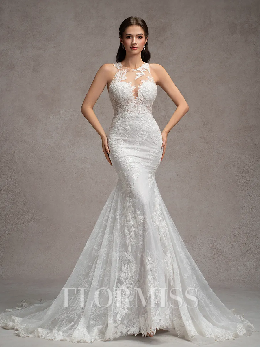 Sheath/Column Lace Scoop Sleeveless Court Train Wedding Dresses