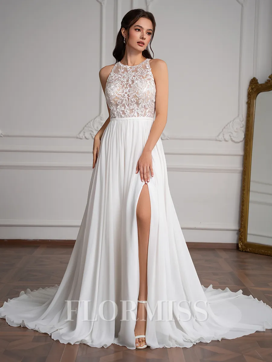 A-Line/Princess Chiffon Lace Scoop Sleeveless Sweep Train Wedding Dresses